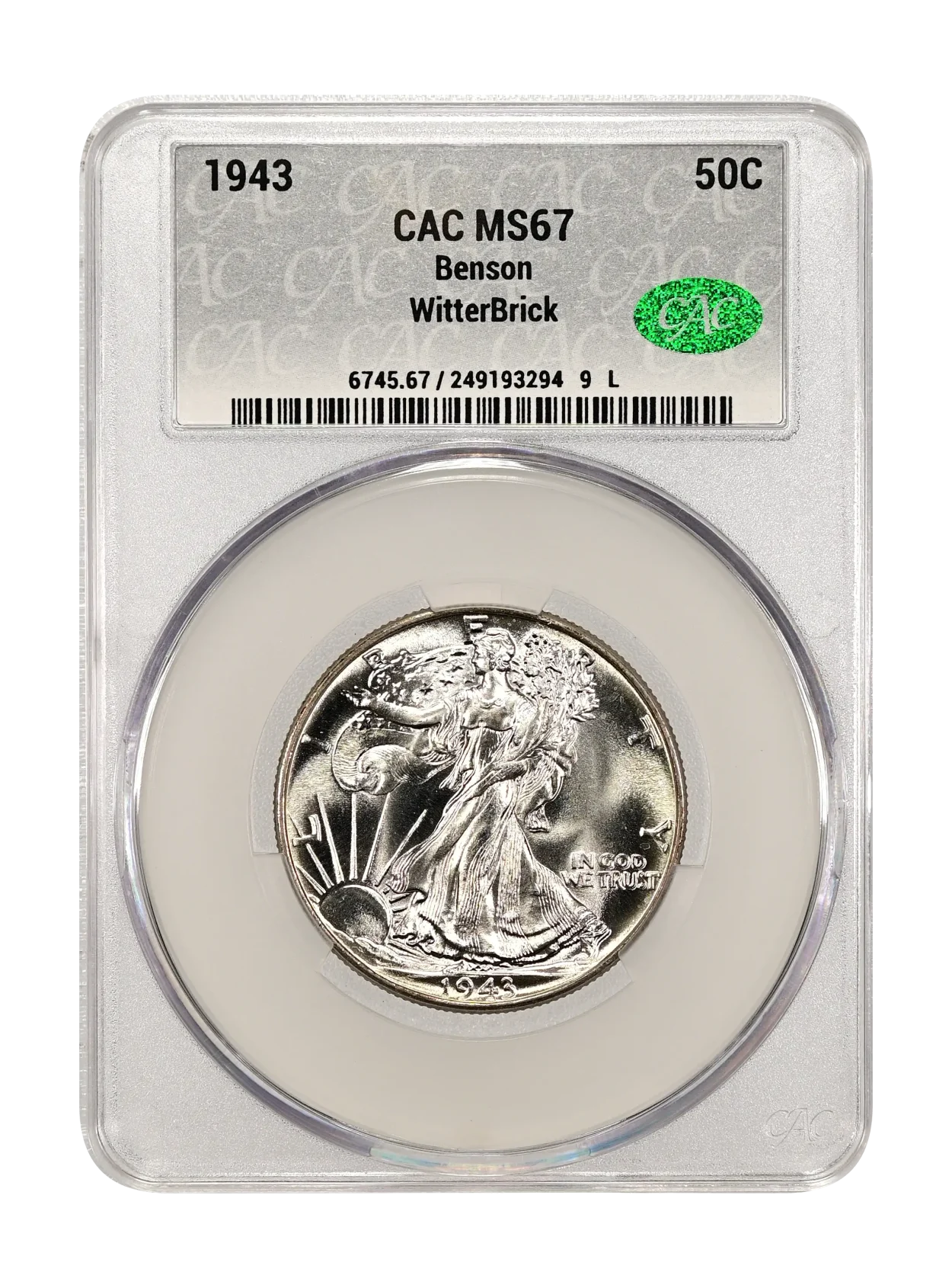 1943 50c CACG MS67 WitterBrick Silver Label