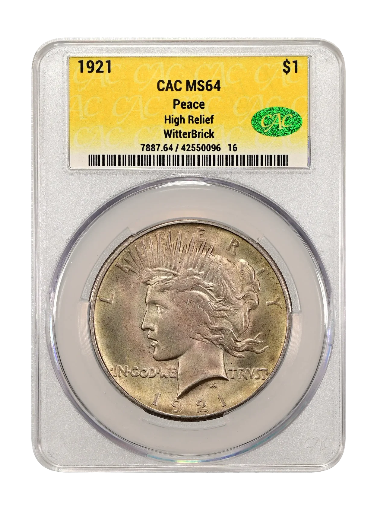 1921 Peace $1 High Relief CACG MS 64 WitterBrick