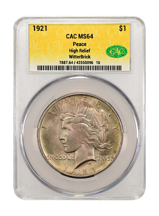1921 Peace $1 High Relief CACG MS 64 WitterBrick
