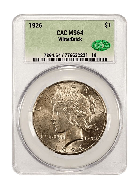 1926 $1 CACG MS64 WitterBrick Metallic Green Label
