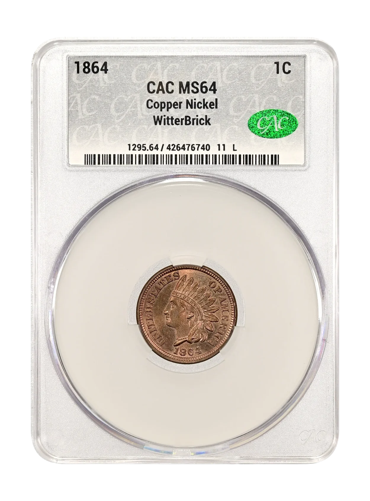 1864 Copper Nickel 1c WitterBrick CACG MS 64